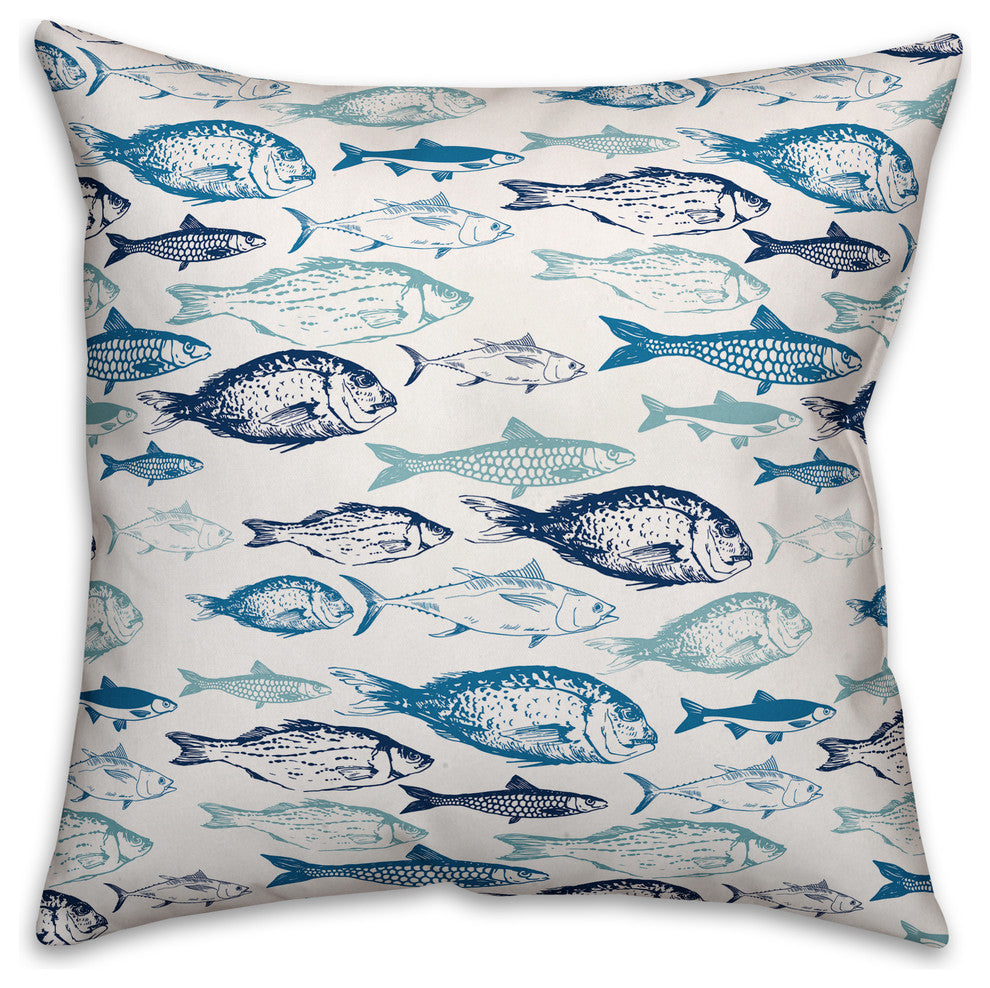 "School of Blue Fish" Outdoor Throw Pillow, 18"x18"