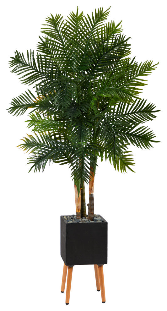 70" Areca Palm Artificial Tree, Black Planter With Stand