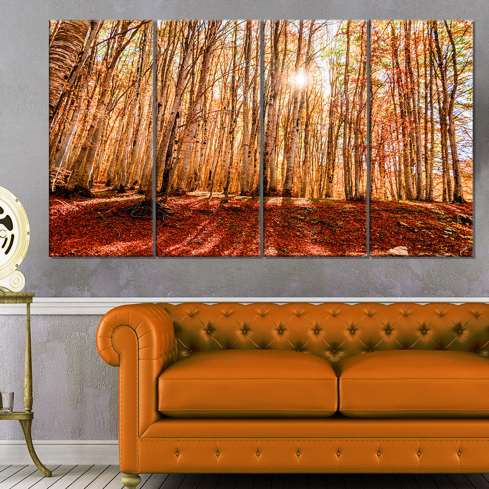 Bright Sun over Thick Fall Forest, Modern Forest Canvas Art, 48"x28", 4 Panels
