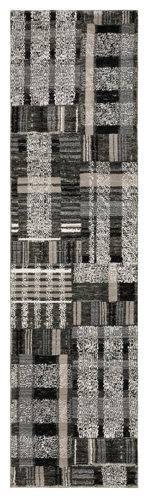 Aegina Distressed Plaid Area Rug, Black/ Grey, 2'3" X 8'