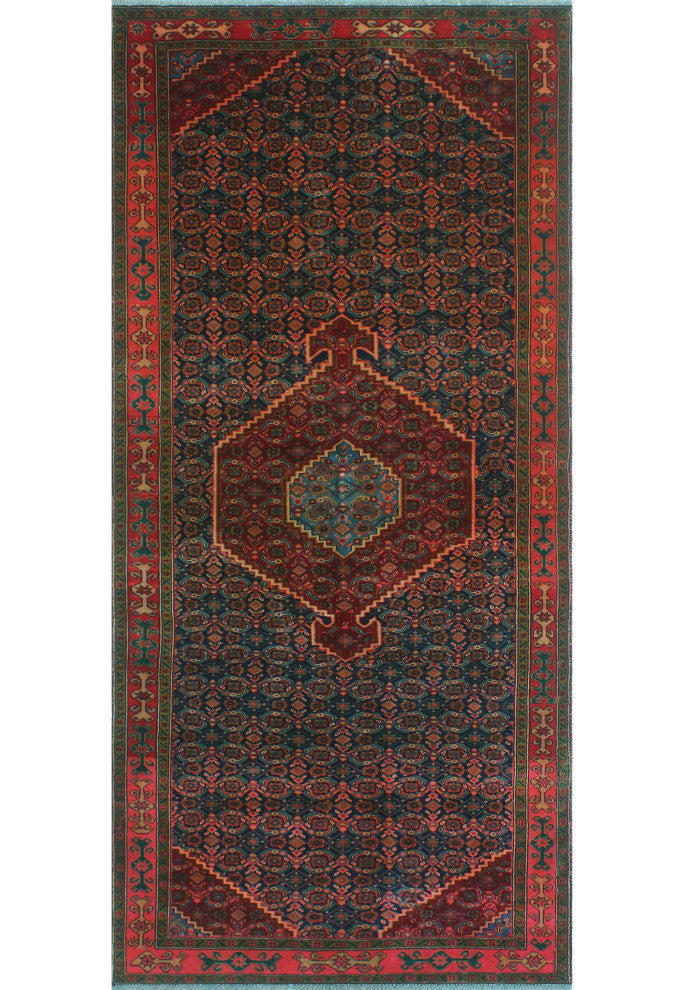 Fine Vintage Distressed Kirman Burgundy/Navy Runner, 4'3x9'3