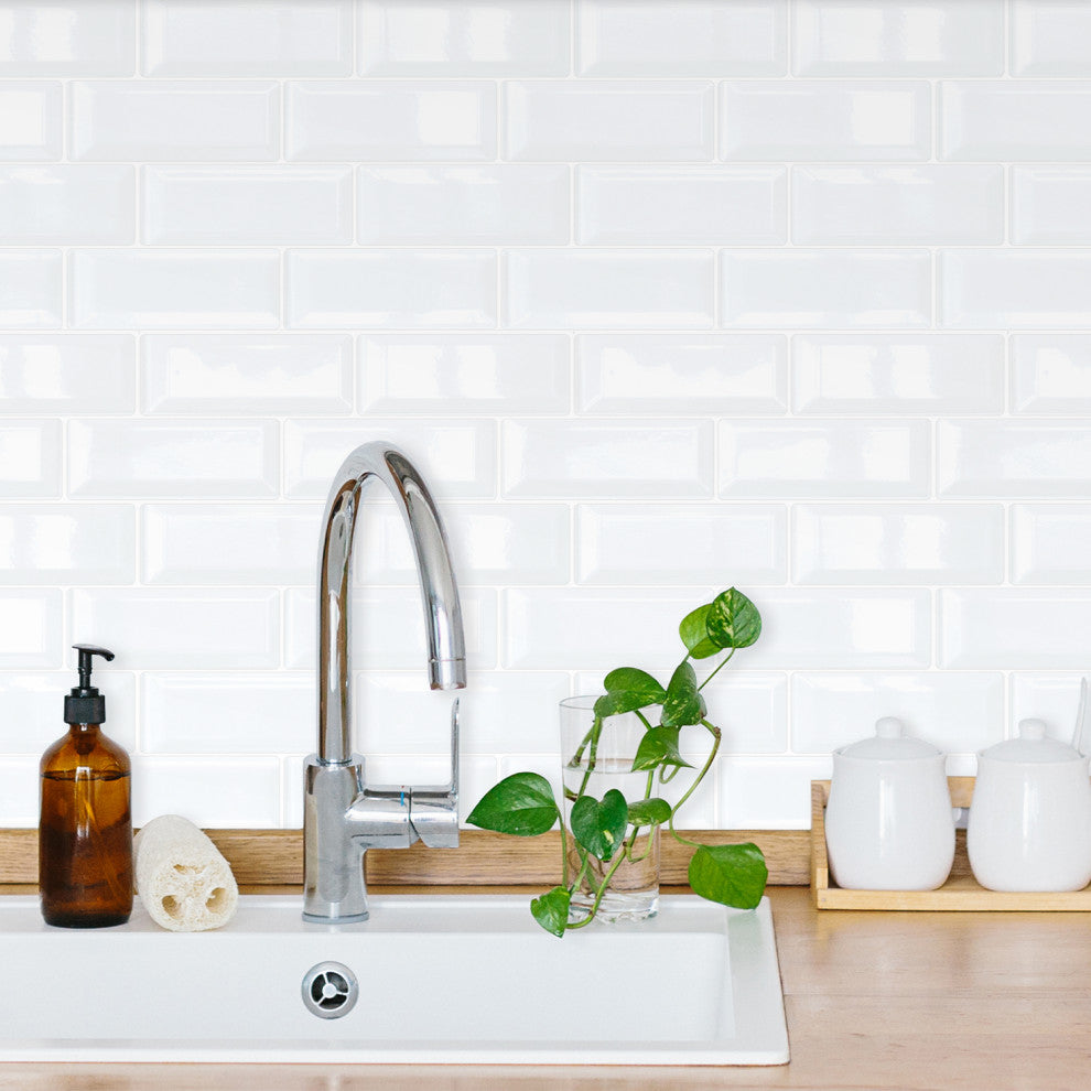 12"x6" 3D Tile Stickers, Set of 12 Kitchen Backsplash, London Minimalist White