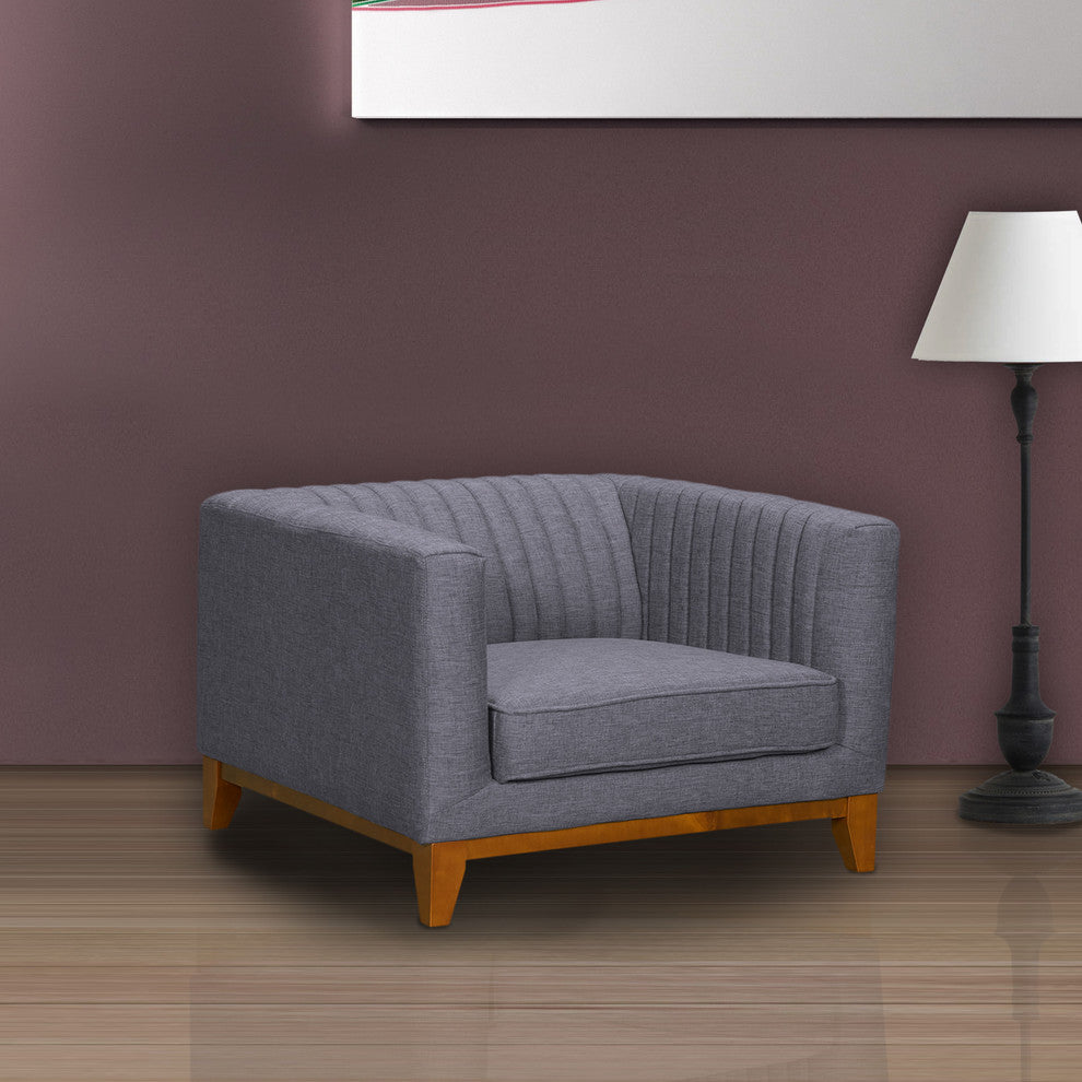 Prism Mid-Century Sofa Chair In Champagne Wood Finish And Dark Gray Fabric
