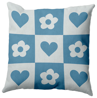 Heart And Flowers Grid Decorative Throw Pillow, Chambray, 26"x 26"