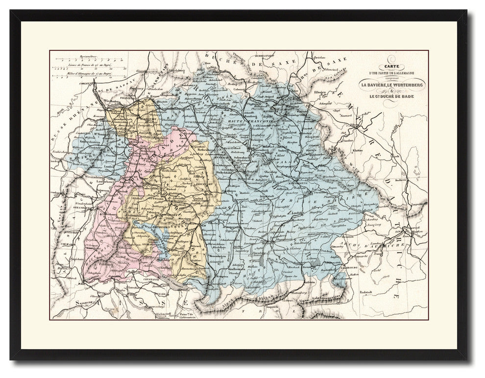 Southern Germany: Bavaria Wurttemberg Hesse Vintage Antique Map Wall Art, 28"x37