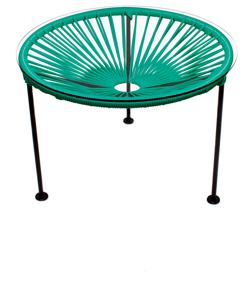 Zicatela Indoor/Outdoor Handmade Side Table, Turquoise Weave, Black Frame
