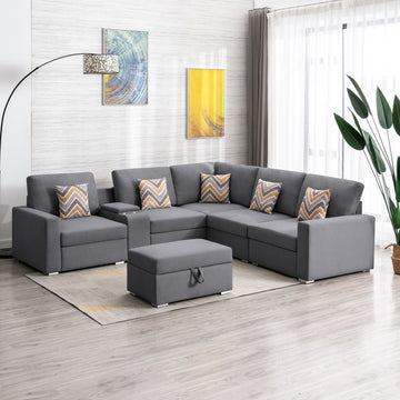 Nolan Gray Linen 7Pc Reversible Sectional Sofa, Storage Console Table, 89425-17B