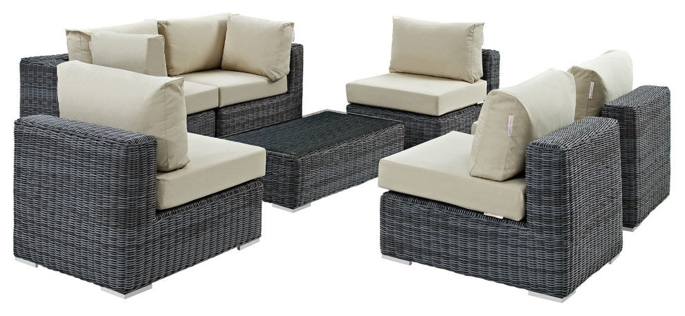 Modway Summon 7 Piece Outdoor Patio Sunbrella Sectional Set, Antique Beige