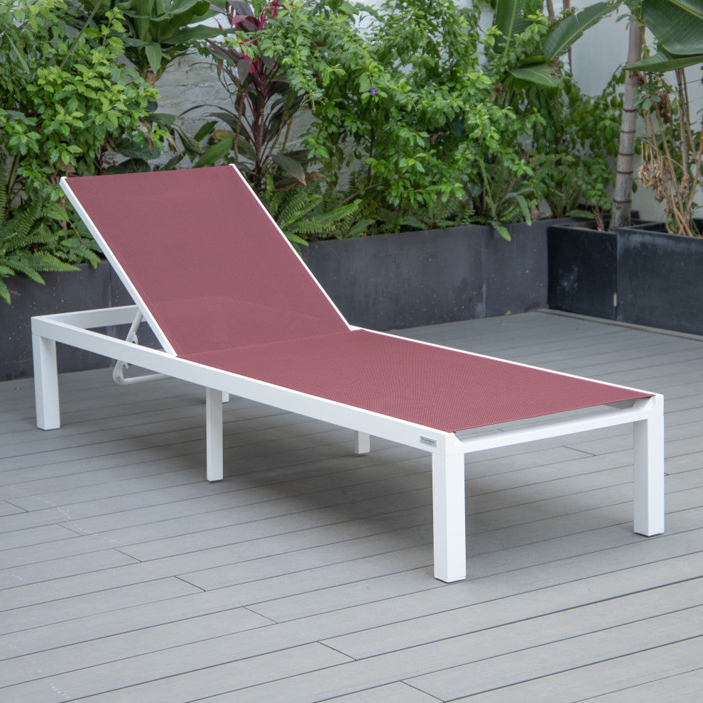LeisureMod Marlin Patio Chaise Lounge Chair With White Frame, Burgundy