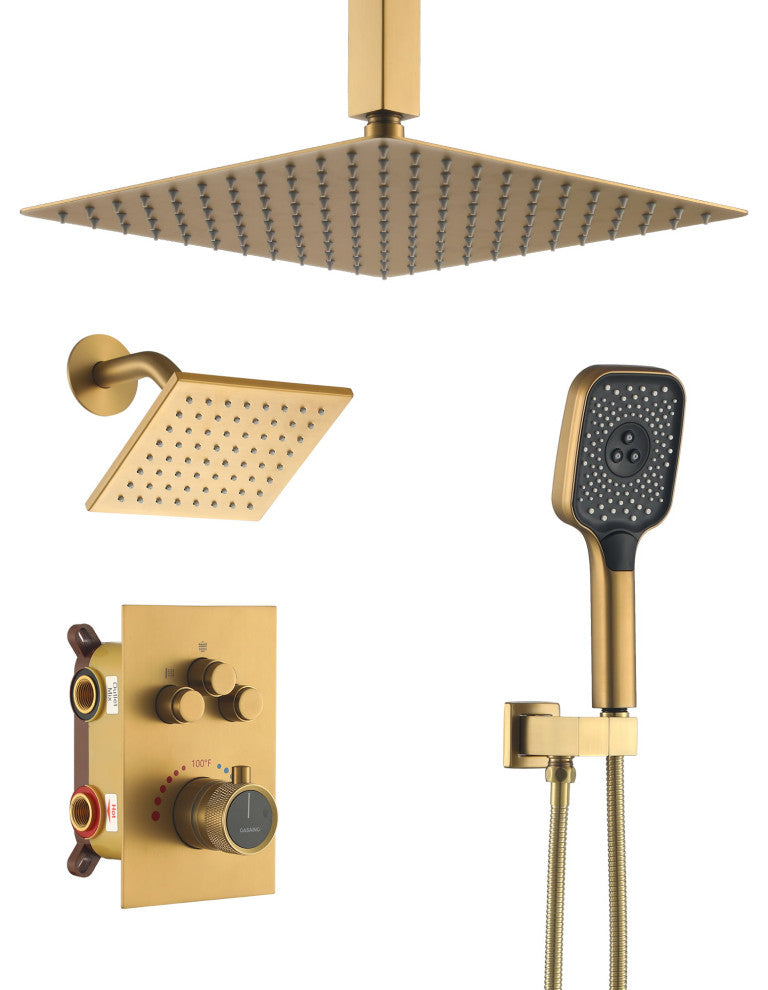 CASAINC 12" Ceiling Mounted Rainfall Shower System Set w Dual Shower Head, Brushed Gold