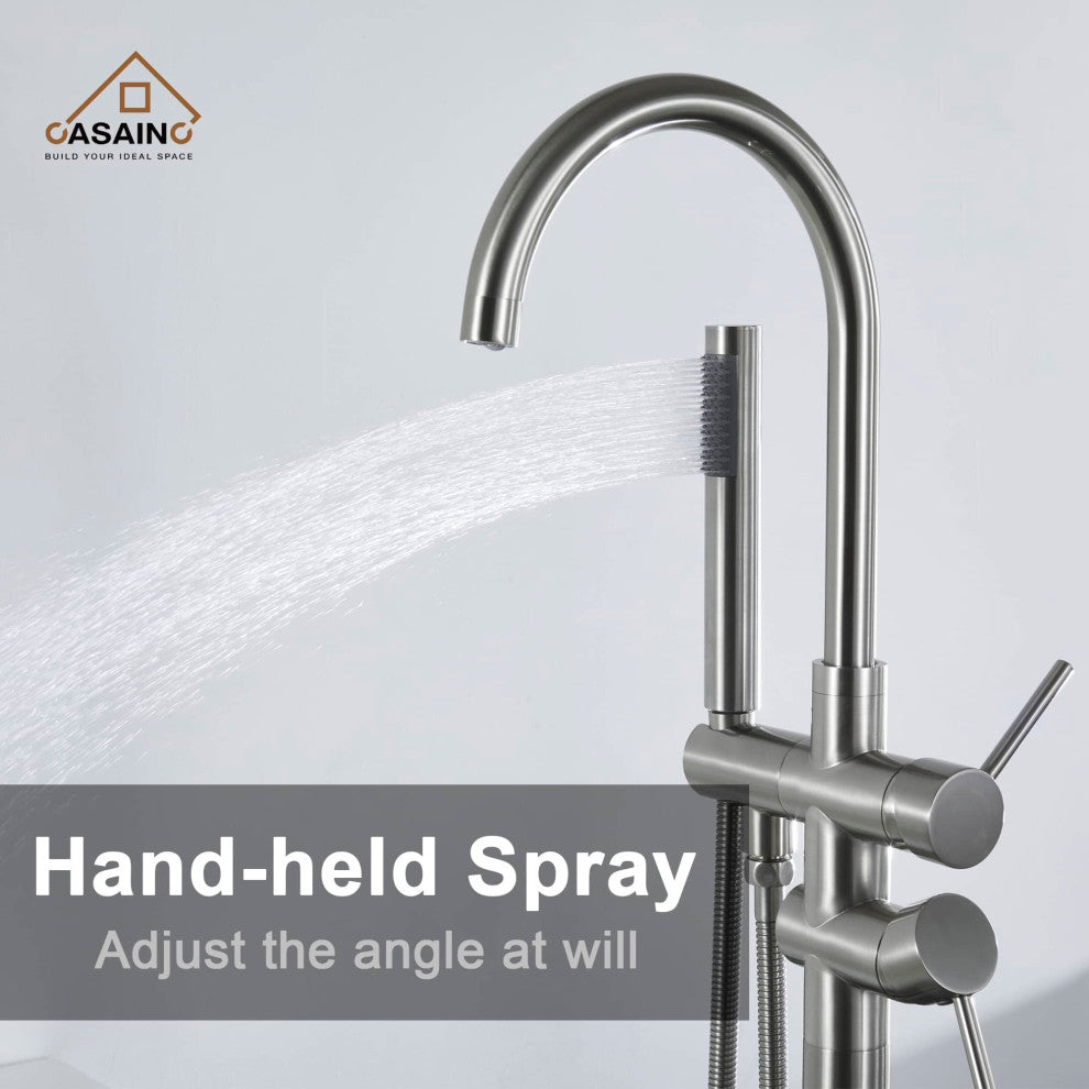 Freestanding Bathtub Faucet Hand Shower Floor-Mount High-arc Tub Faucet 2-Handle
