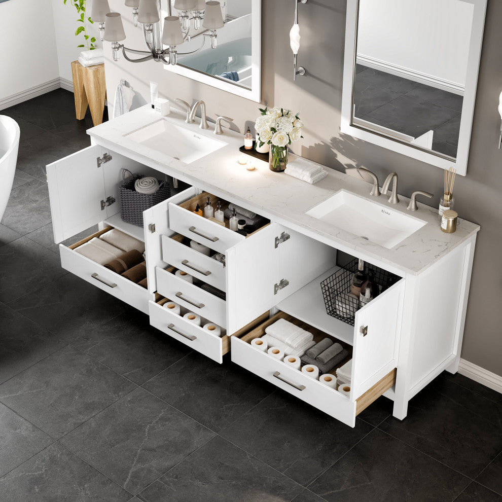 Aberdeen 84" White Double Sink, Quartz Top