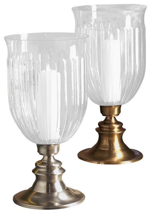 Step Base Hurricane With Green Tint Fluted Glass, Pewter