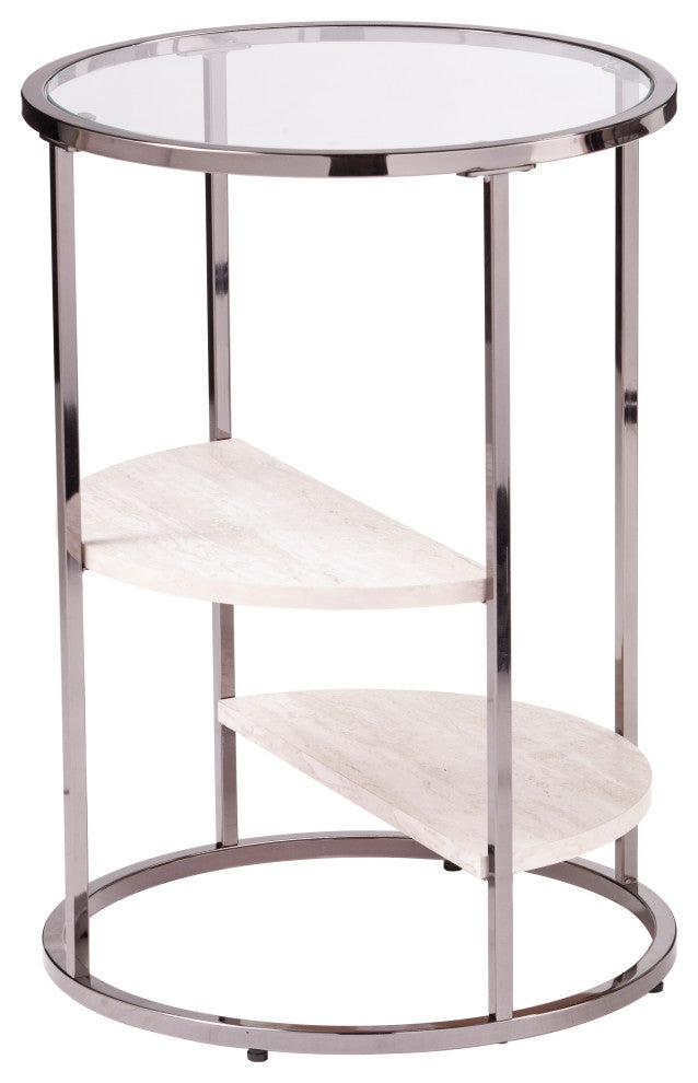 Lamonte Round Side Table with Faux Stone, Black