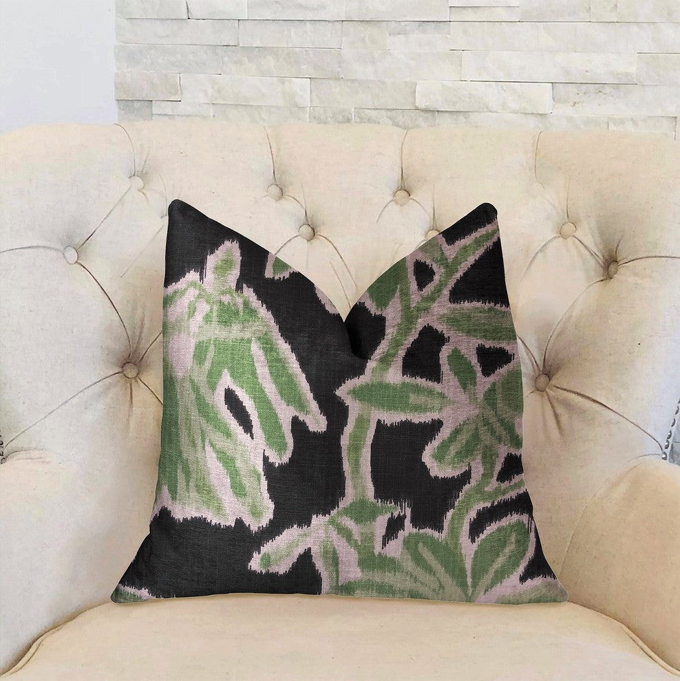 Grass Swallow Green and Black and Beige Luxury Throw Pillow, 26"x26"