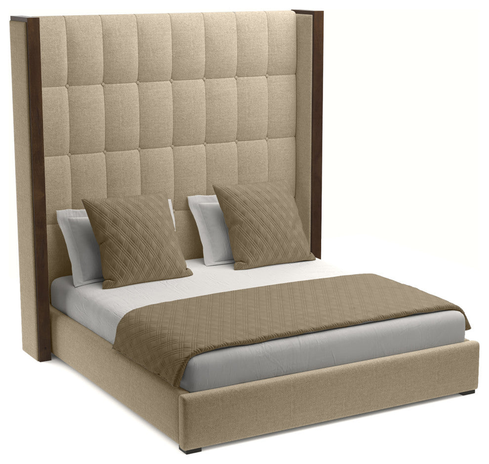 Nativa Interiors Irenne Box Tufted Bed, Flax, Ca King, High 87"