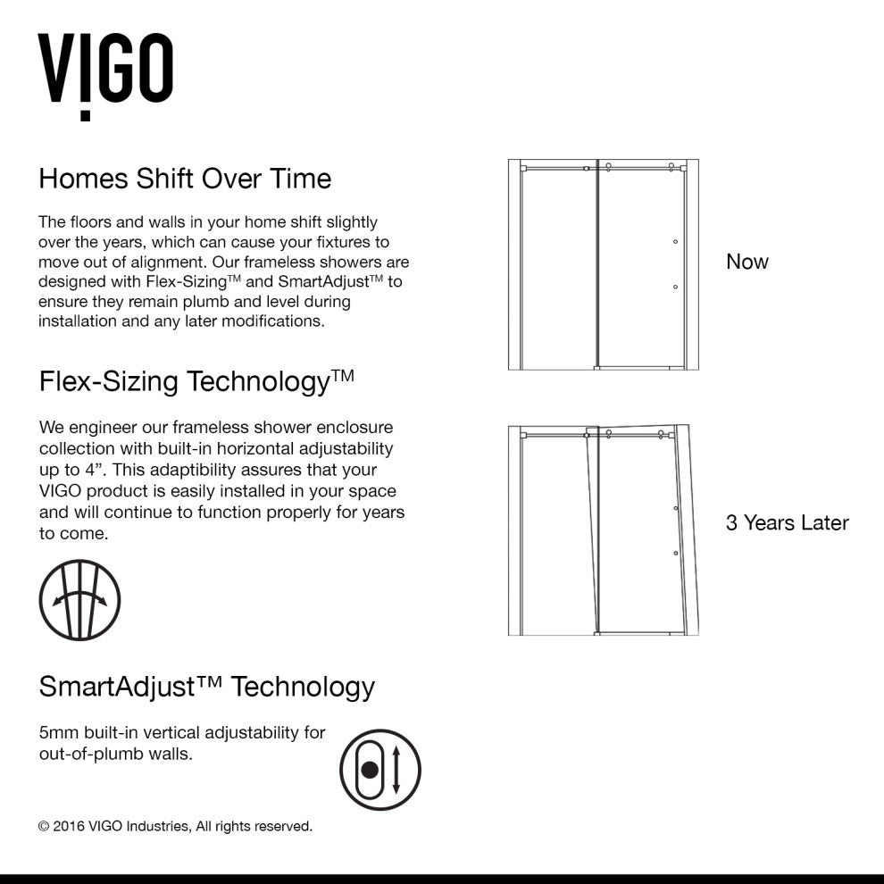 VIGO Luca 56" to 60" W x 79" H Frameless Sliding Shower Door, Stainless Steel, Clear Glass