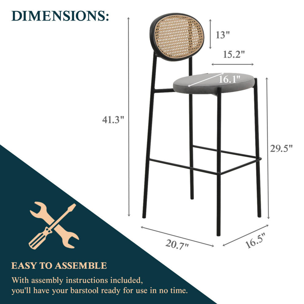 LeisureMod Euston Wicker Bar Stool With Black Steel Frame and Footrest, Gray