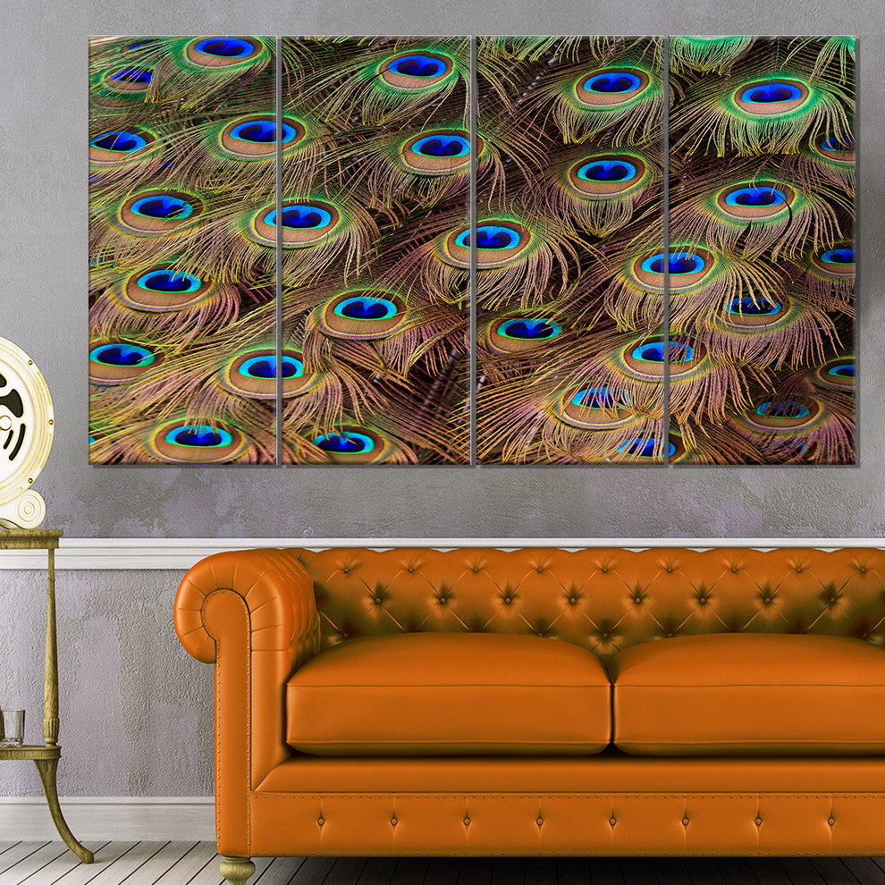 Peacock Bird Tail Feathers in Close Up, Animal Canvas Print, 48"x28", 4 Panels