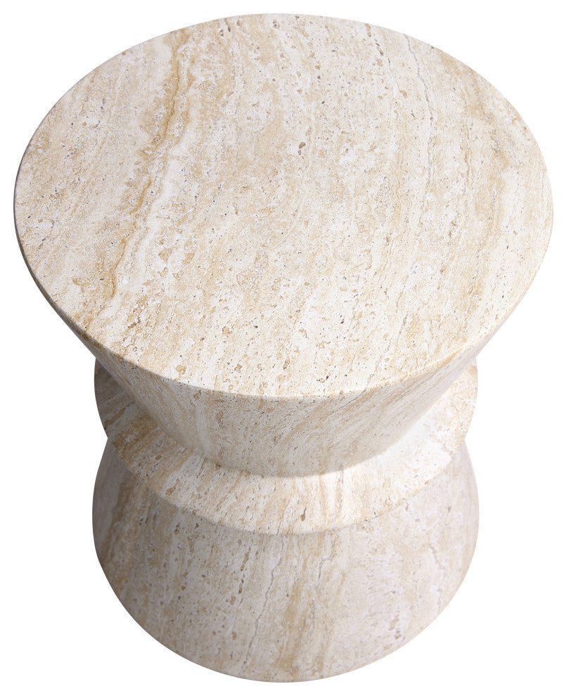 Hourglass Travertine Stone Finish Italian Design MgO Side Accent Table