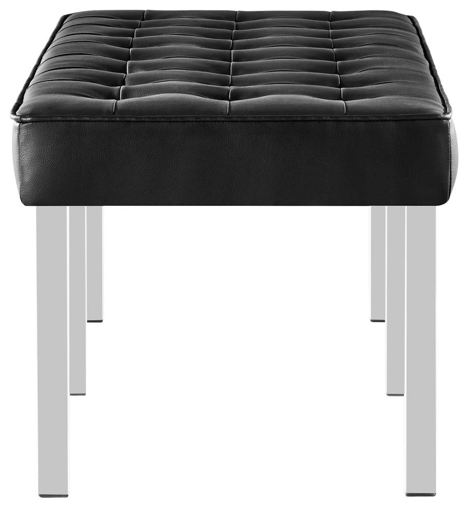 Loft Tufted Large Upholstered Faux Leather Bench Silver Black