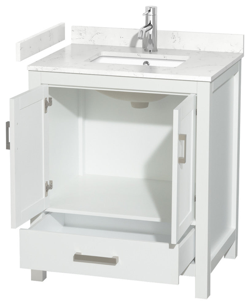Sheffield 30" White Single Vanity, Carrara Cultured Marble Top, No Mirror