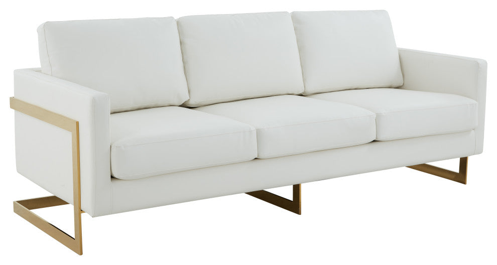 LeisureMod Lincoln Modern Leather Sofa With Gold Frame, White