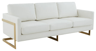 LeisureMod Lincoln Modern Leather Sofa With Gold Frame, White