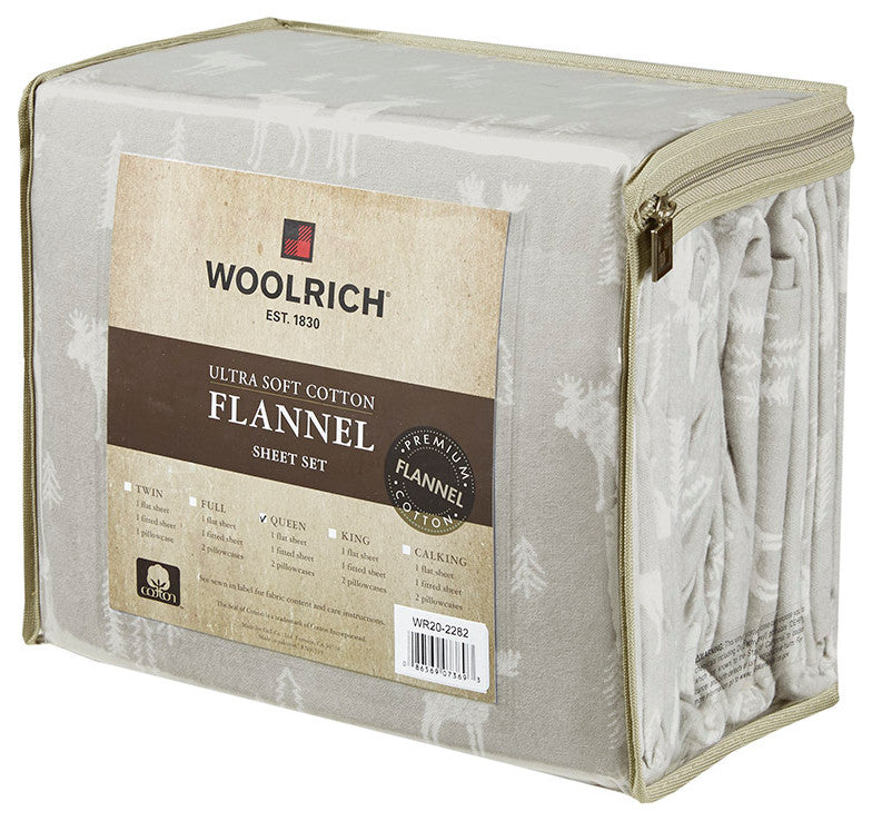 Woolrich Flannel Cotton Flannel Winter Sheet Set, Grey Moose