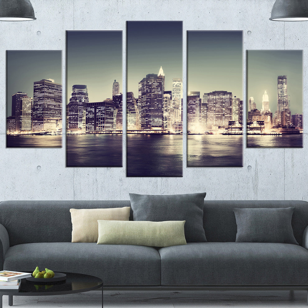 Black and White NYC Night Panorama, White, Canvas Print, 60"x32", 5 Panels