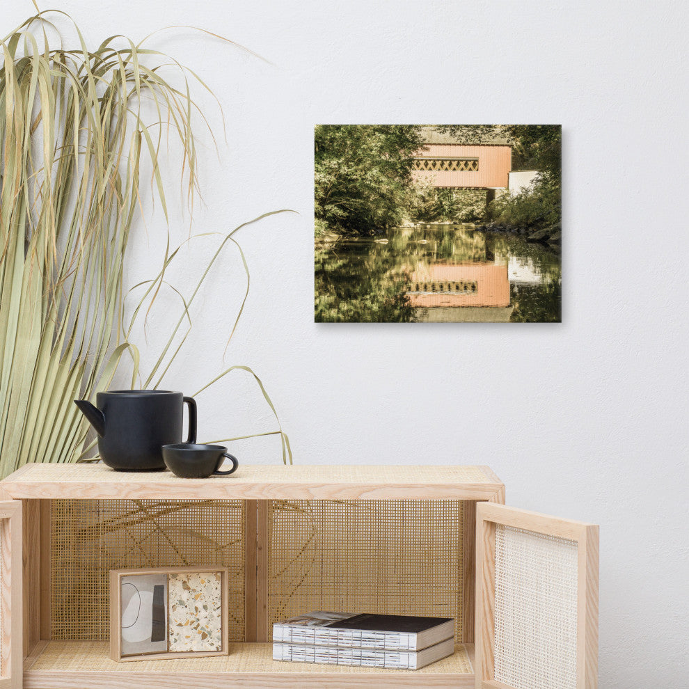The Reflection of Wooddale Covered Bridge Aged Canvas Wall Art Print, 16" X 20"