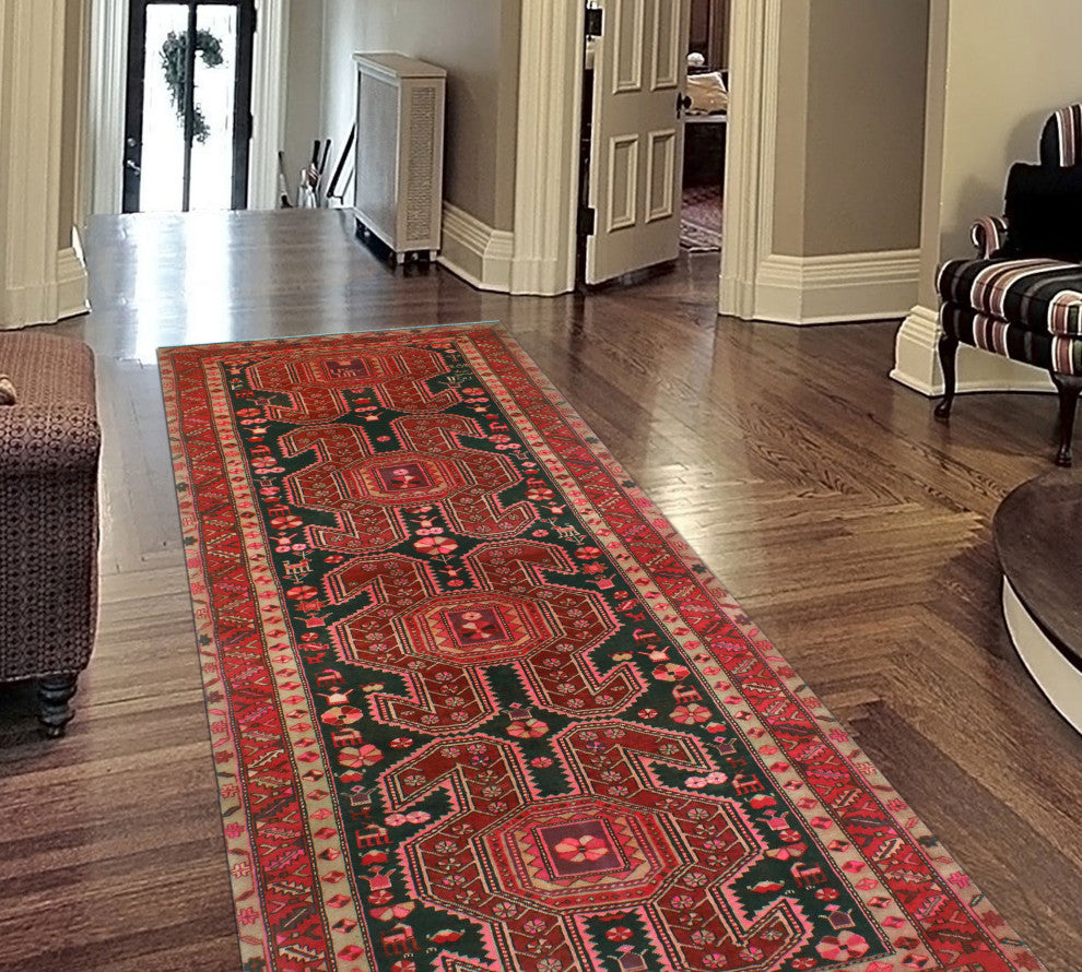 Fine Vintage Distressed Rehema Charcoal/Burgundy Runner, 4'1x10'2
