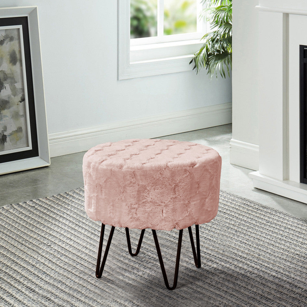 Jacquard Solid Faux Fur Round Ottoman, 18" x 18" x 18", Rose Smoke