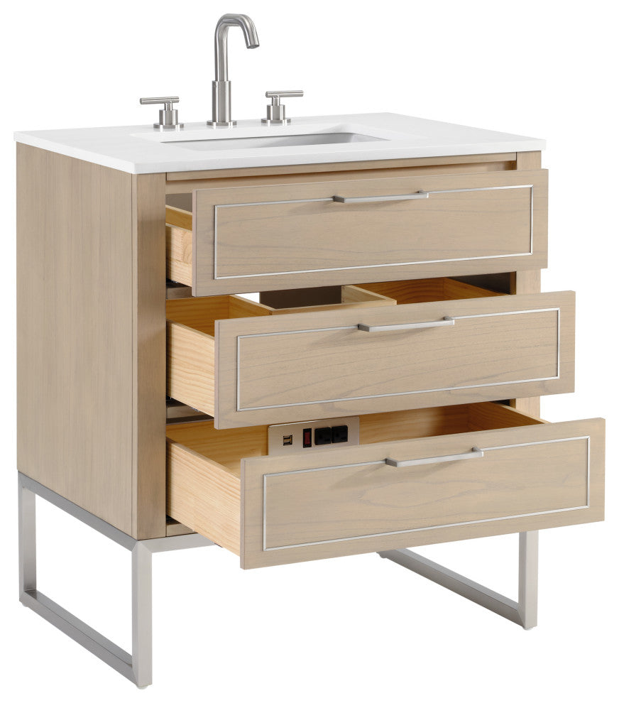 Markham Bathroom Vanity, Cashmere Grey/Brushed Nickel, 30", White Quartz Top