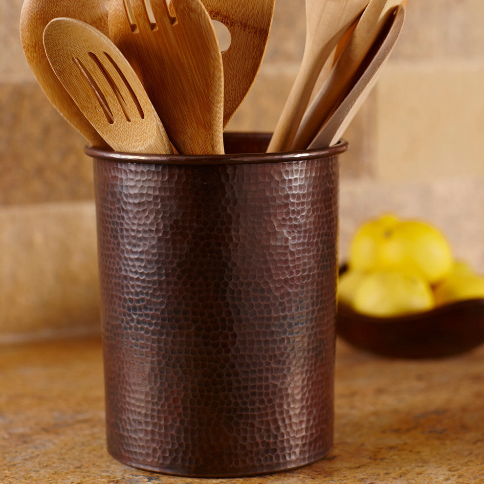 Large Hammered Copper Utensil Holder, Antique Copper