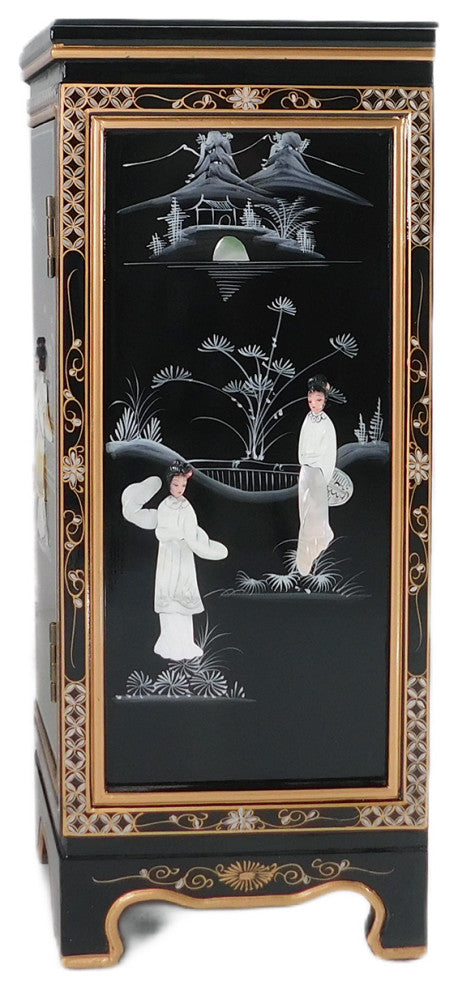 Oriental Slant Front Cabinet With Mother of Pearl, Hand Painted Black With Mother of Pearl