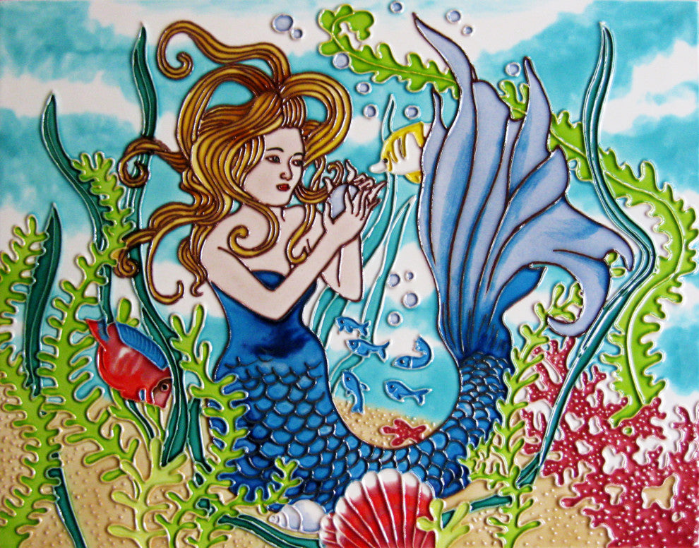 11x14" Mermaid With a Blue Tail Ceramic Art Tile Wall Decoration Accent Art