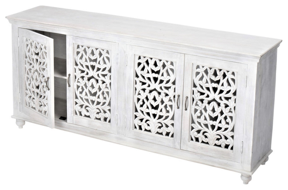 80" White Sideboard Hand Carved Buffet Storage Solution Luna Collection