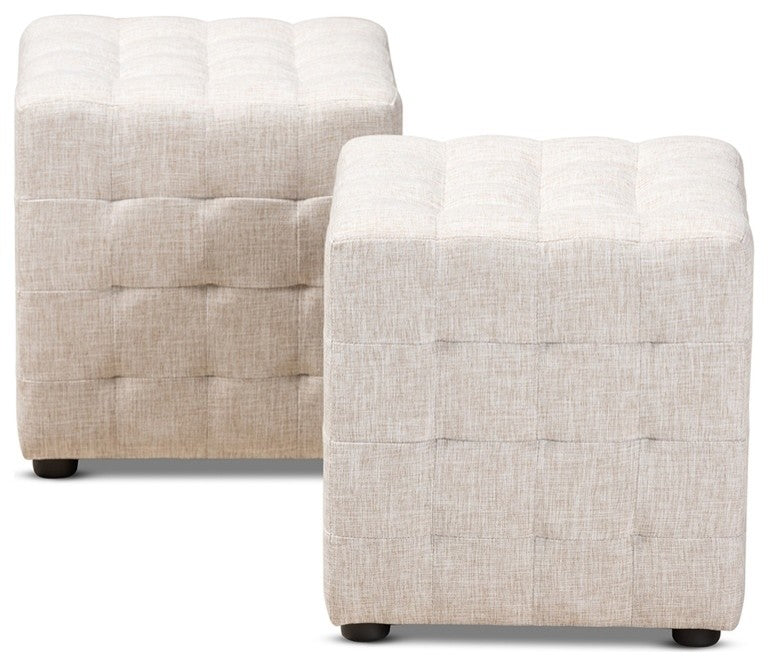 Modern Beige Fabric Upholstered Tufted Cube Ottoman Set of 2