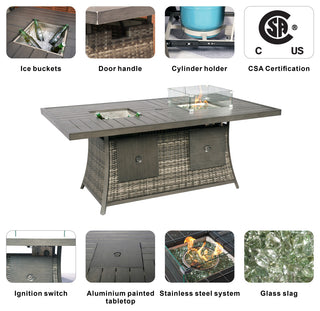 7-Piece Patio Sofa Set with Firepit and Ice Container Dining Table, Grey