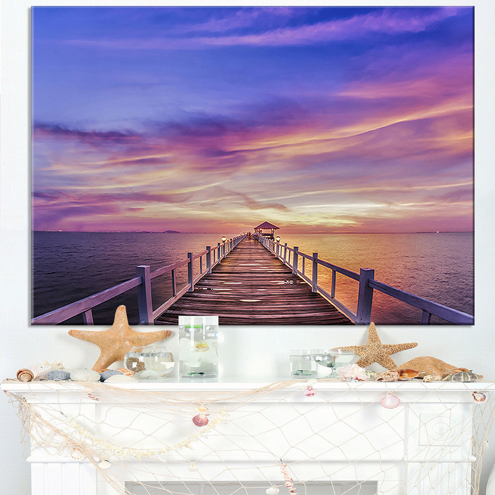 "Wooden Bridge Under Purple Sky" Sea Pier and Bridge Wall Art Canvas, 32"x16"