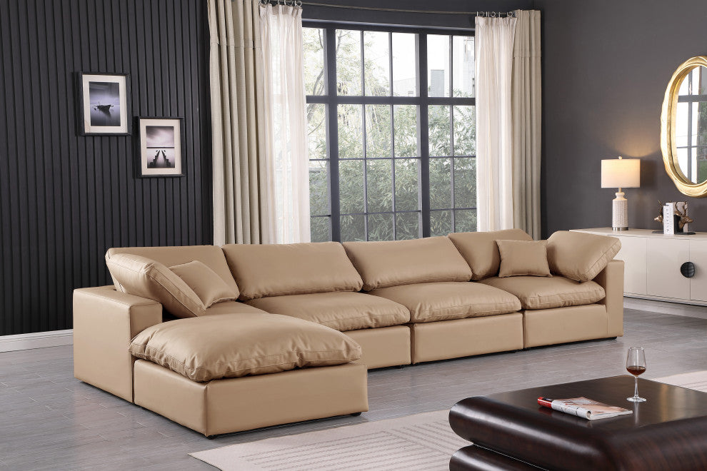 Comfy Upholstered L-Shaped Modular Sectional, Tan, 5-Piece: 2 Armless Chair, 2 Corner Chair, 1 Ottoman, Vegan Leather