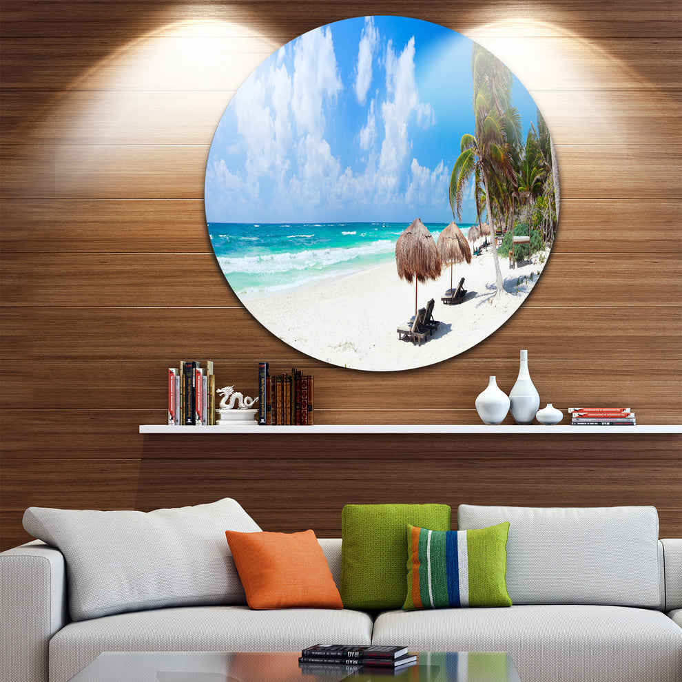 Bright Caribbean Beach, Seashore Landscape Disc Metal Artwork, 23"
