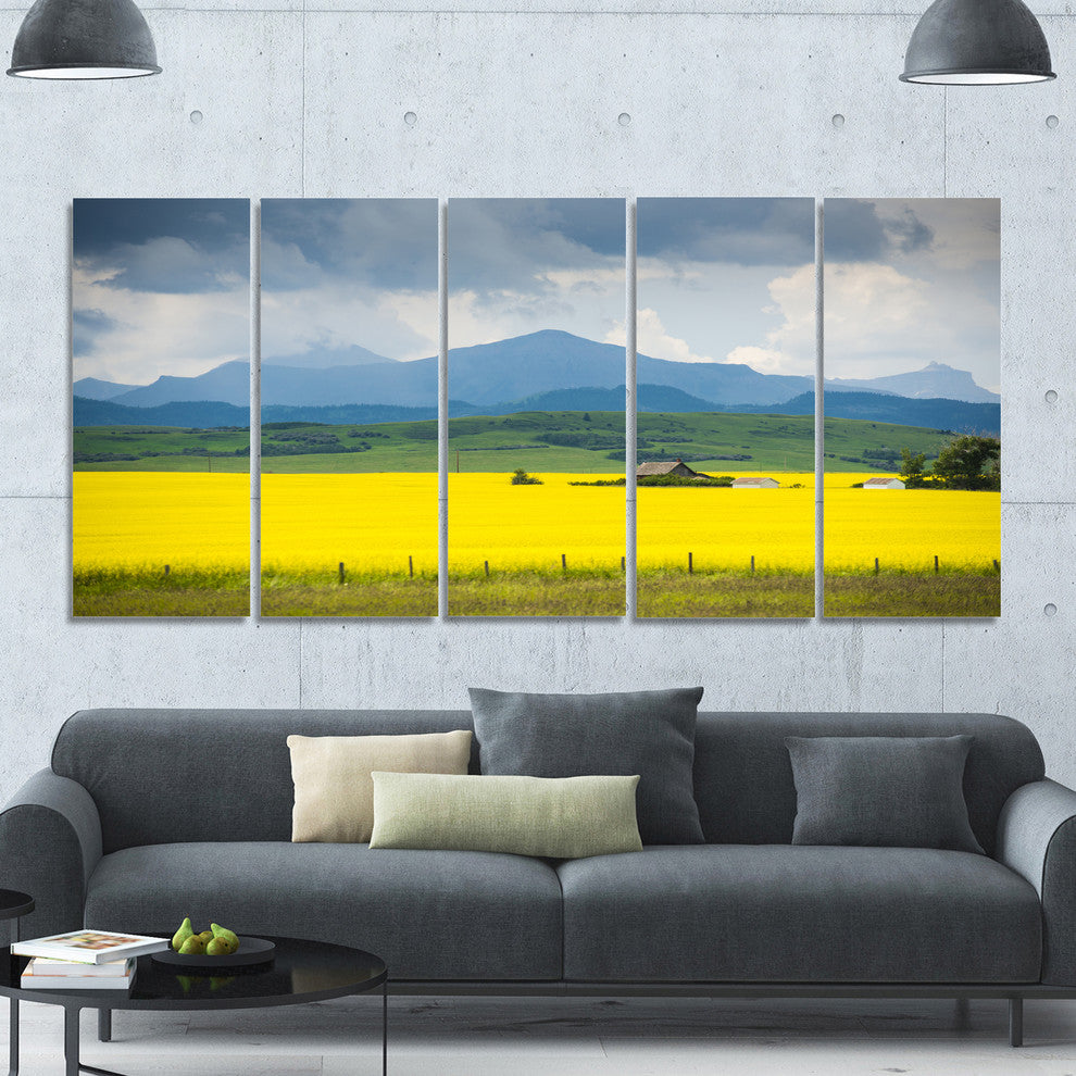 Farm House in Field Of Canola, Landscape Canvas Art Print, 60"x28", 5 Panels