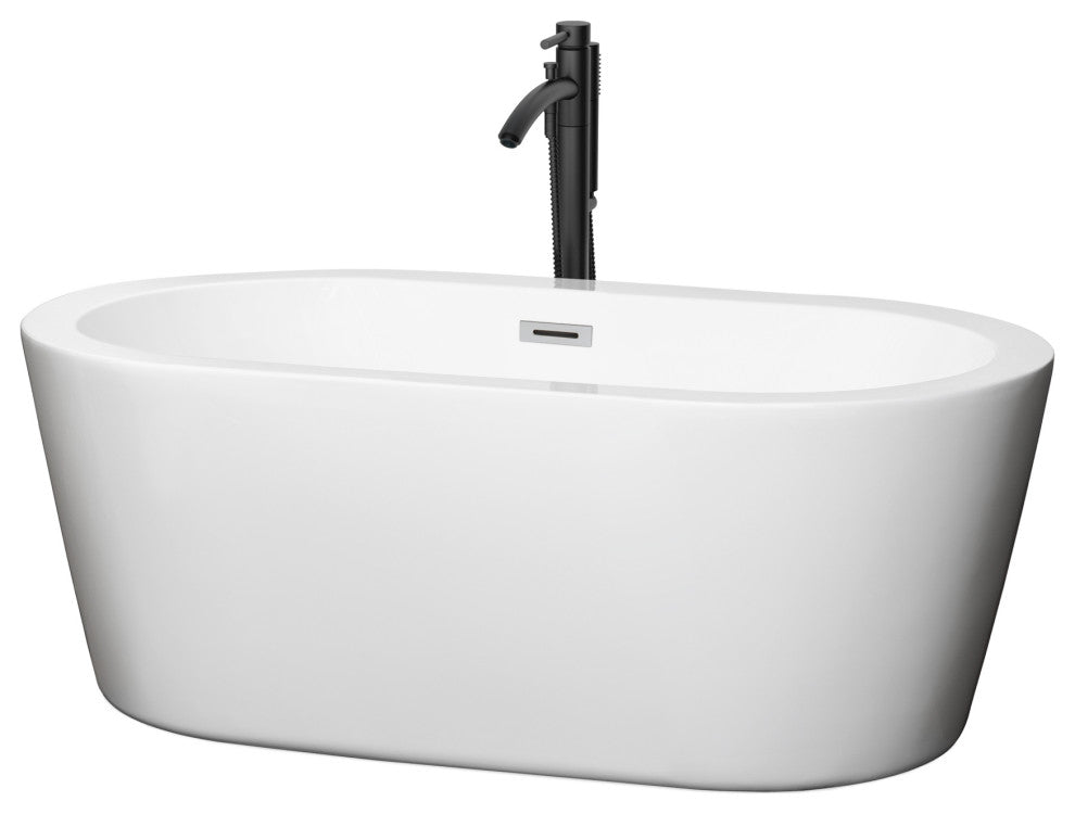 60" Freestanding Bathtub, White, Chrome Trim, Floor Mounted Faucet, Black