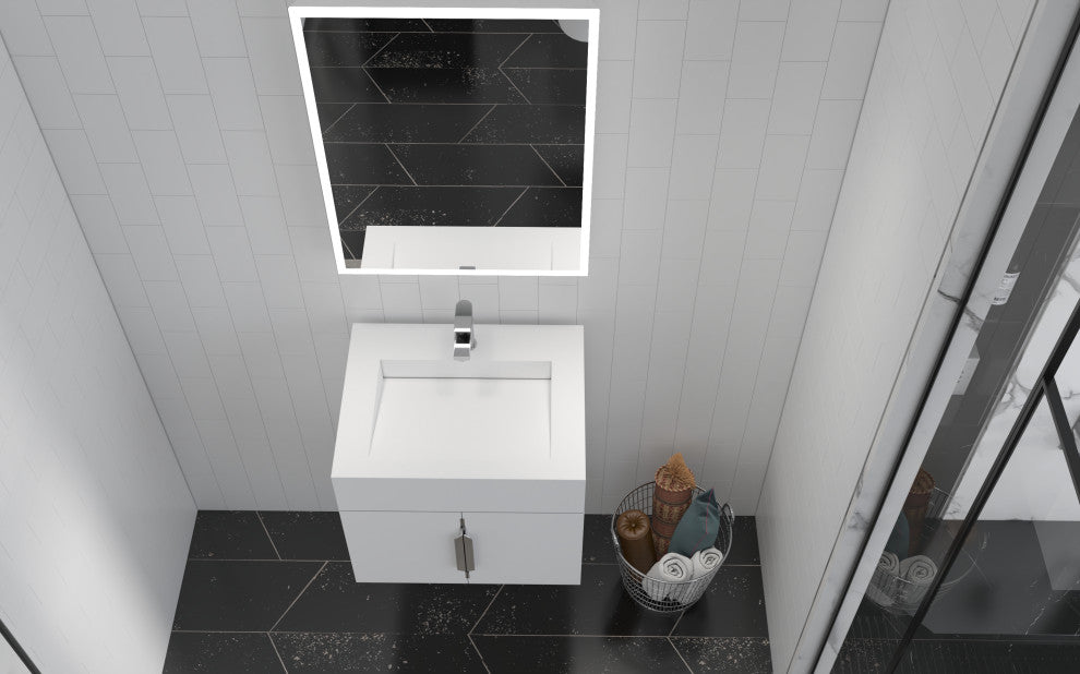 CastelloUSA Nile 24" Wall Mounted Bathroom Vanity Set, White, White Top, Chrome Handles