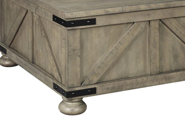 Benzara BM210778 Cocktail Table with Lift Top Storage and Crossbuck details Gray