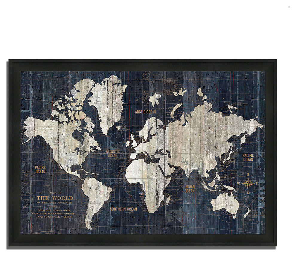 "Old World Map Blue" By Wild Apple Portfolio, Framed Painting Print