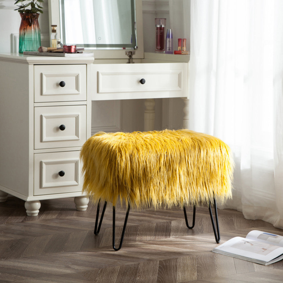 Mongolian Fur Ottoman, Lemon Curry, 19''x13''x17''