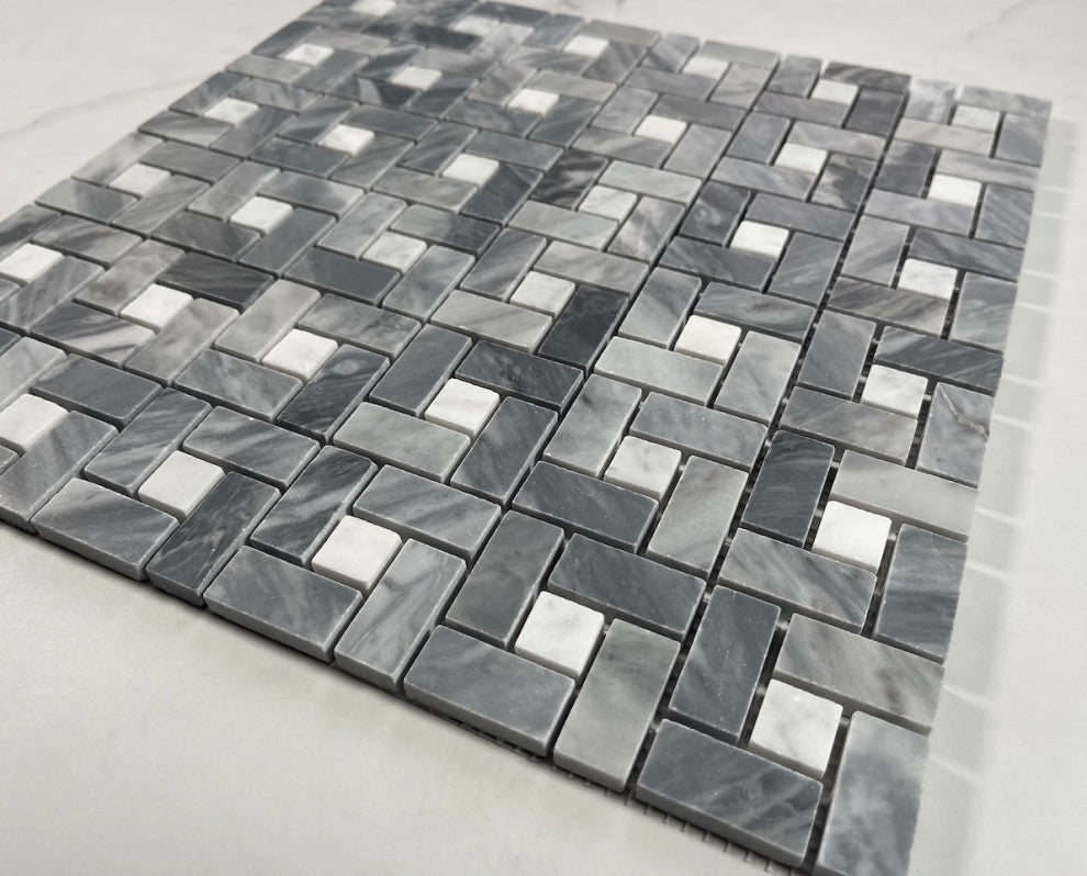 Bardiglio Gray Dark Grey Marble Pinwheel Mosaic Tile White Dots Honed, 1 sheet